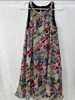 MSK Black Dress with Pink and Lavender Floral Trim, Fit And Flare